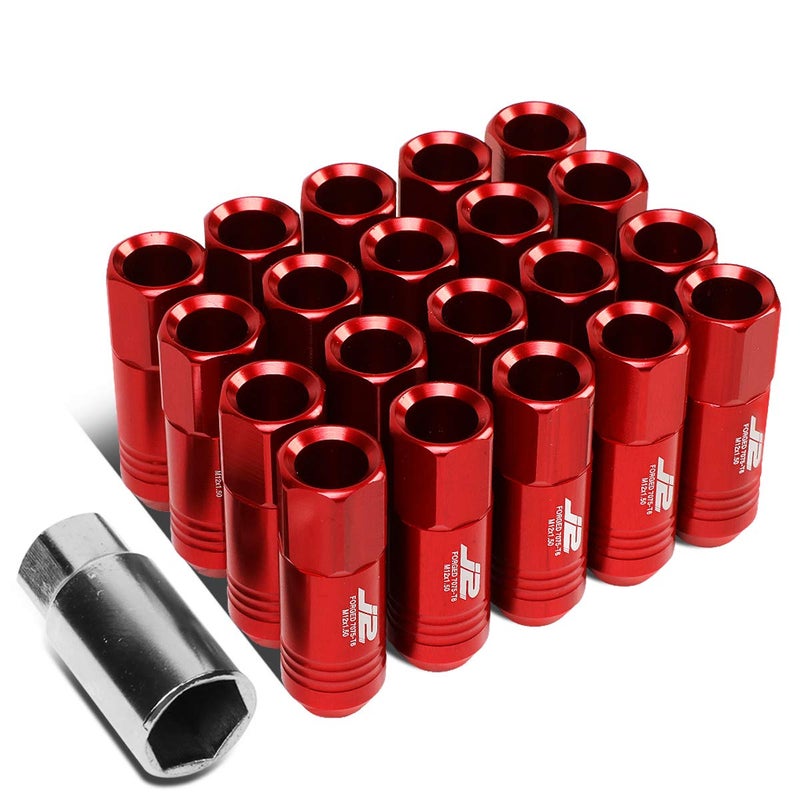 J2 Engineering 20 Pcs 7075 Aluminum Tall Open End M12 x 1.5 Lug Nuts Set w/Socket Adapter, Red, Fit Conical Seat, LN-T7-009-15-RD - Image 1